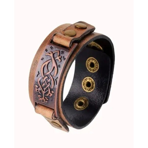 Retro copper Celtic Irish, Nordic Viking pattern 
genuine cowhide bracelet cuff - Picture 1 of 4